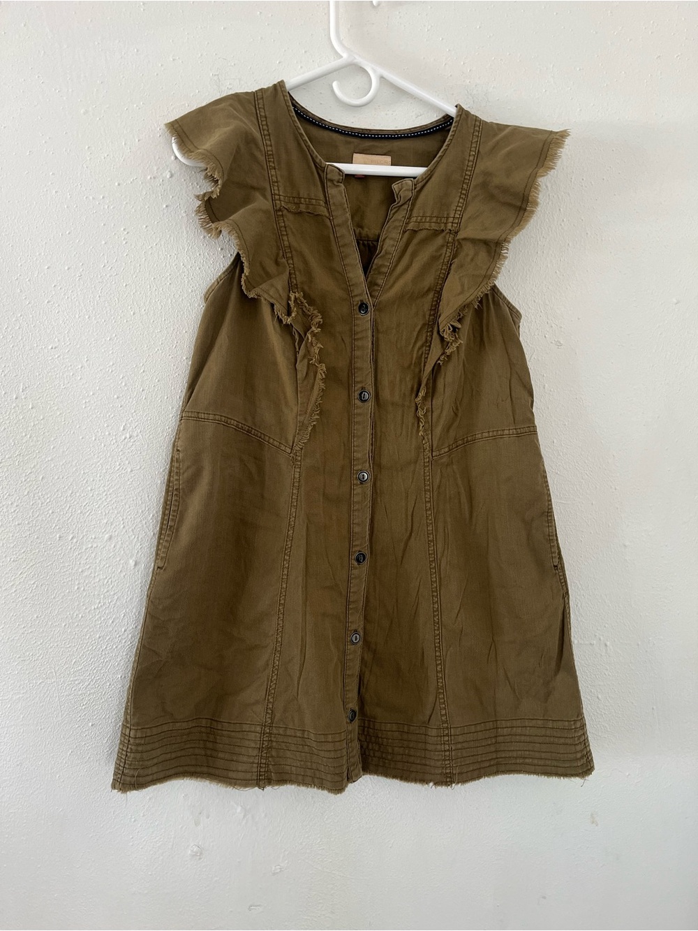 Pilcro Olive Button-Front Ruffle Sleeve Dress